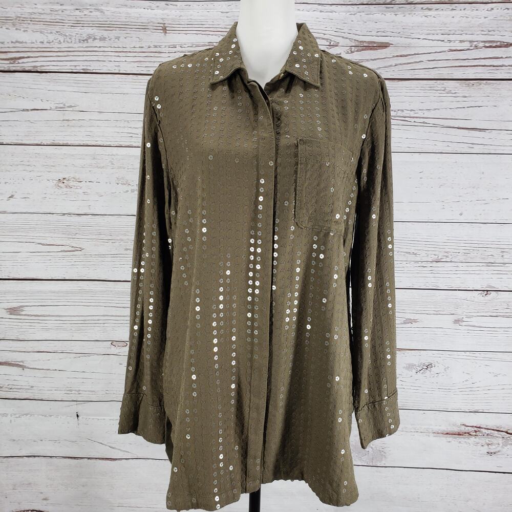 Maeve Anthropologie Women's Olive Green Sequined Button Up Top Size Medium